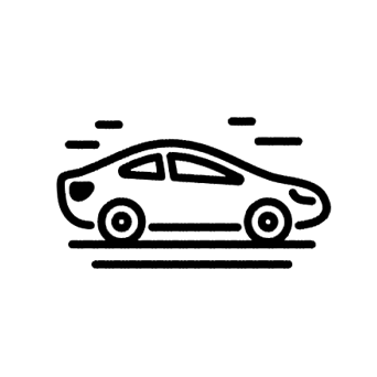 Un icono en blanco y negro de un automóvil sobre un fondo blanco.
