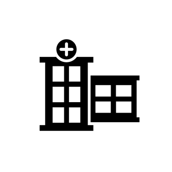 Un icono en blanco y negro de un hospital con un signo más en la parte superior.