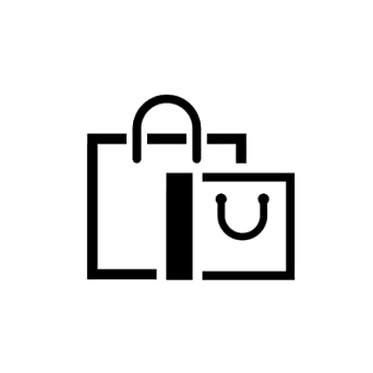 Un icono en blanco y negro de dos bolsas de compras sobre un fondo blanco.