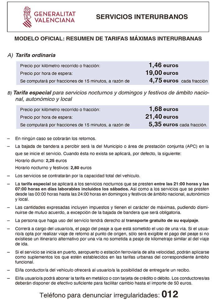Resumen oficial de las tarifas máximas de los taxis interurbanos en la Comunidad Valenciana, incluyendo listas de precios y normativa.