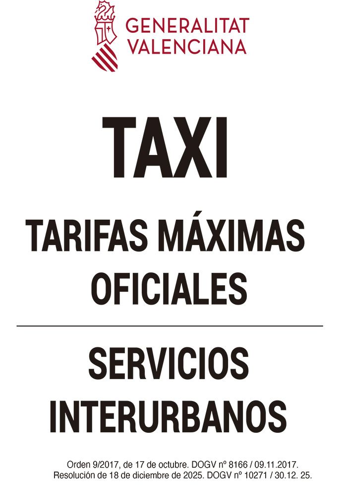 Cartel oficial de la Generalitat Valenciana con las tarifas máximas de taxi para servicios interurbanos, en texto negro sobre fondo blanco.
