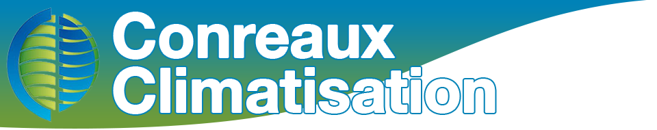 Vers la page d'accueil Logo de Conreaux Climatisation avec une icône de globe vert et un motif en forme de virgule bleu-vert.