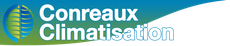Vers la page d'accueil Logo de Conreaux Climatisation avec une icône de globe vert et un motif en forme de virgule bleu-vert.