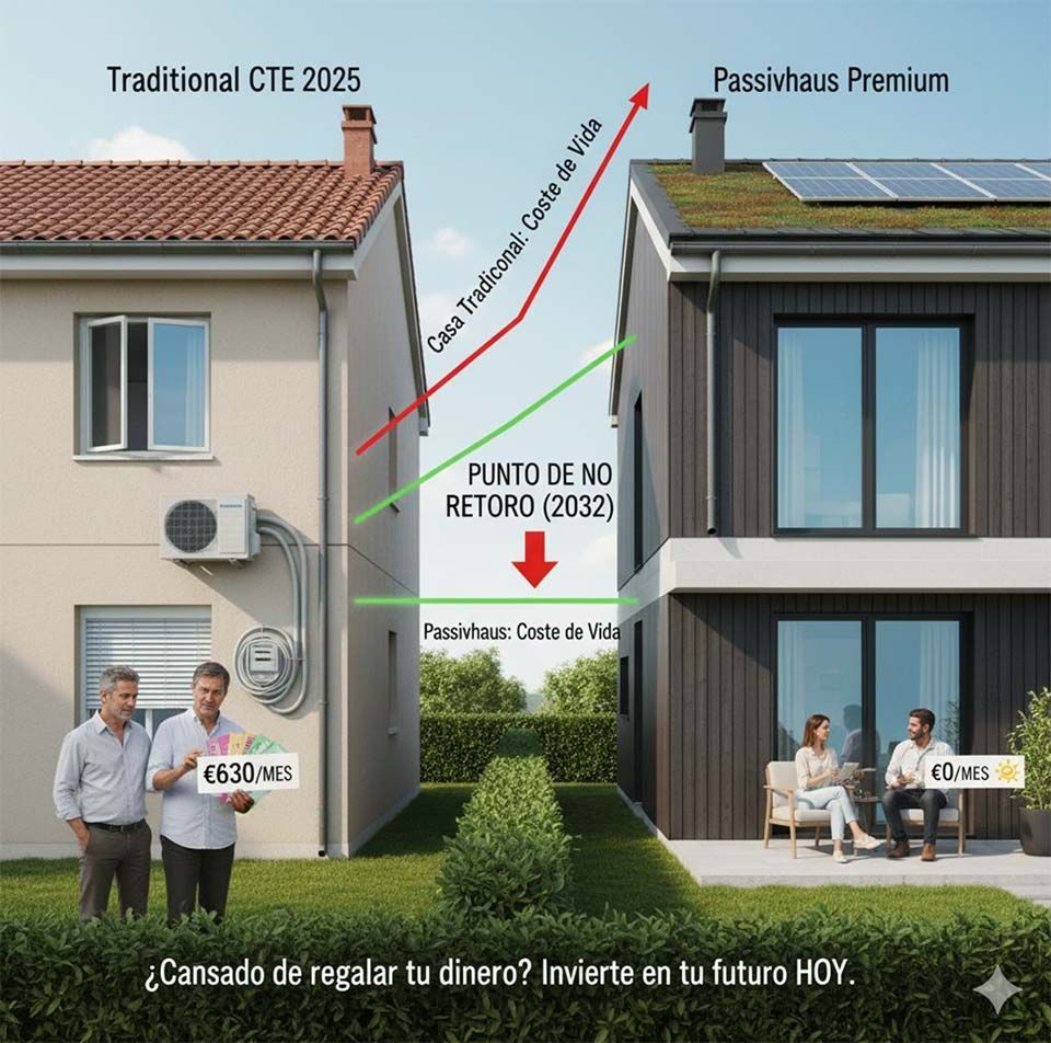 Comparación de dos casas: tradicional y Passivhaus, con líneas de costes. Personas en el exterior de cada una.