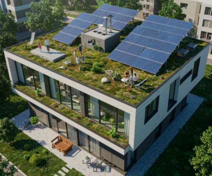 Edificio moderno con techo verde, paneles solares y gente disfrutando del jardín en la azotea.