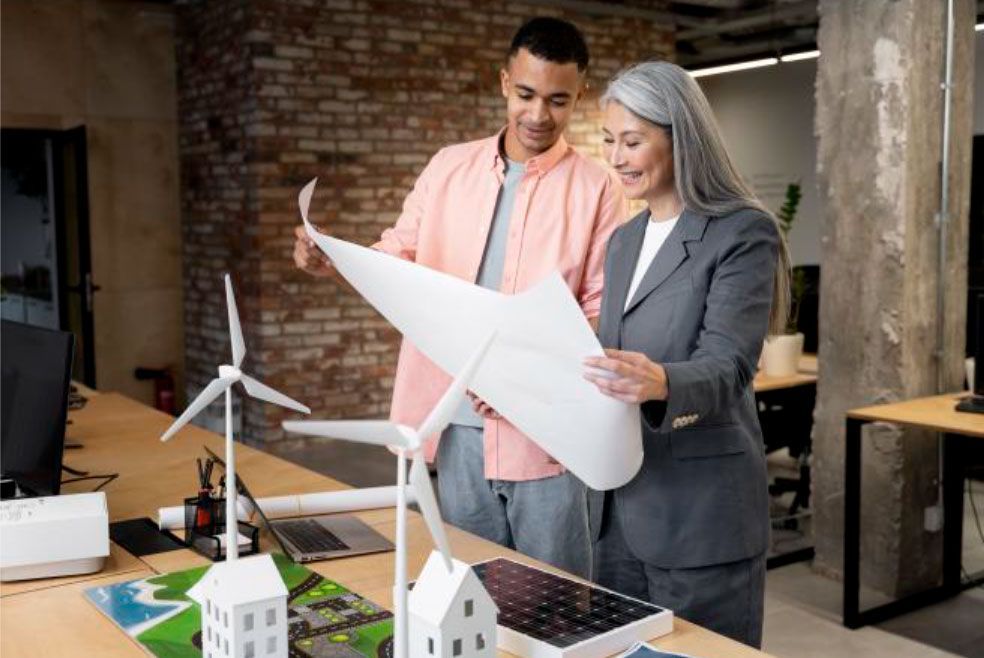 Dos personas revisan planos arquitectónicos cerca de maquetas de paneles solares y turbinas eólicas.