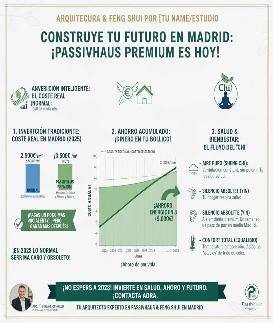 Anuncio de construcción Passivhaus en Madrid con datos económicos, símbolo Chi e información de contacto.