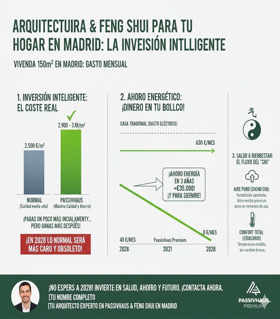 Infografía sobre arquitectura y Feng Shui para una vivienda en Madrid. Los gráficos muestran los costes de inversión y el ahorro energético.