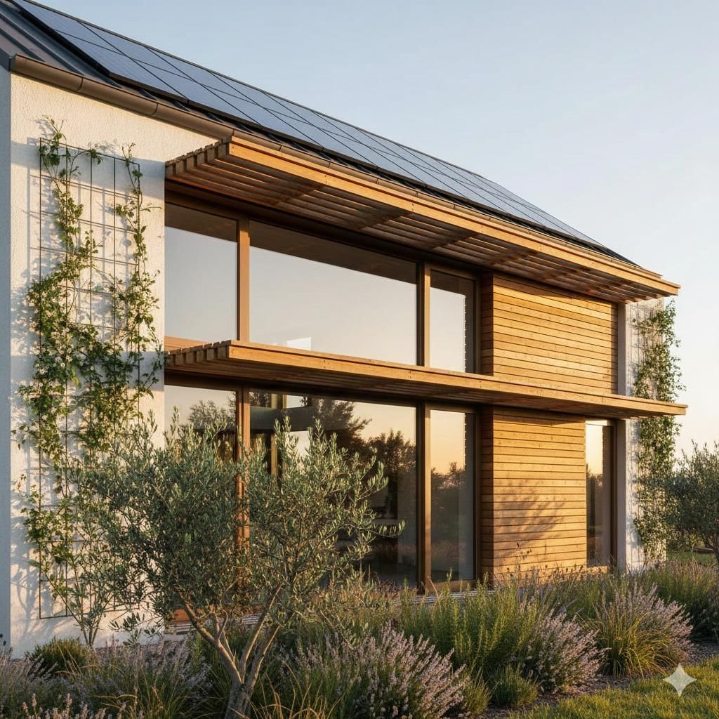 Casa moderna con grandes ventanales, detalles de madera, paneles solares en el techo y jardinería.