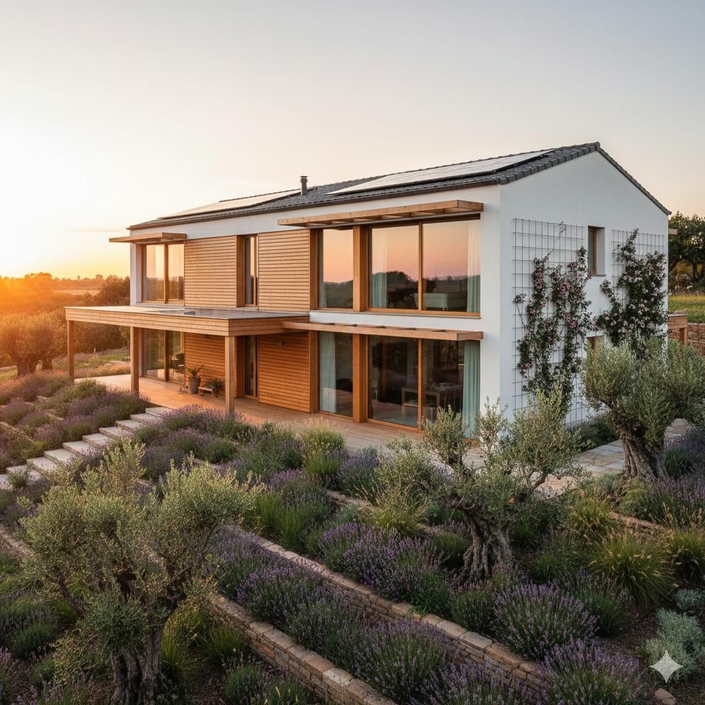 Moderna casa blanca con detalles de madera y paneles solares, con vista a los campos de lavanda al atardecer.
