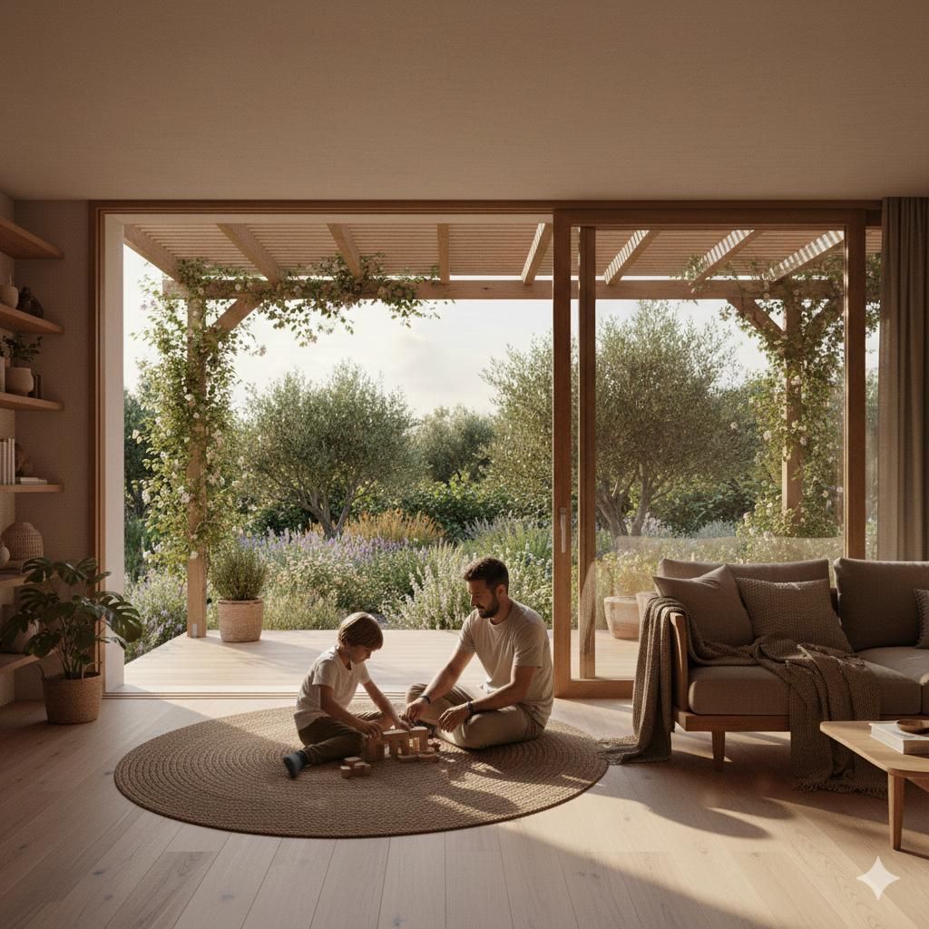 Padre e hijo jugando sobre una alfombra en el interior, mirando hacia un jardín.
