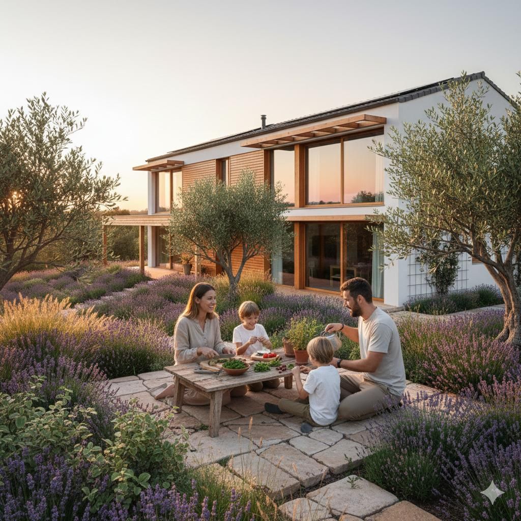 Cena familiar al aire libre, con una casa moderna al fondo. Mesa puesta en un jardín de lavanda.