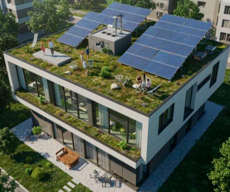 Edificio moderno con techo verde, paneles solares y gente disfrutando del jardín en la azotea.