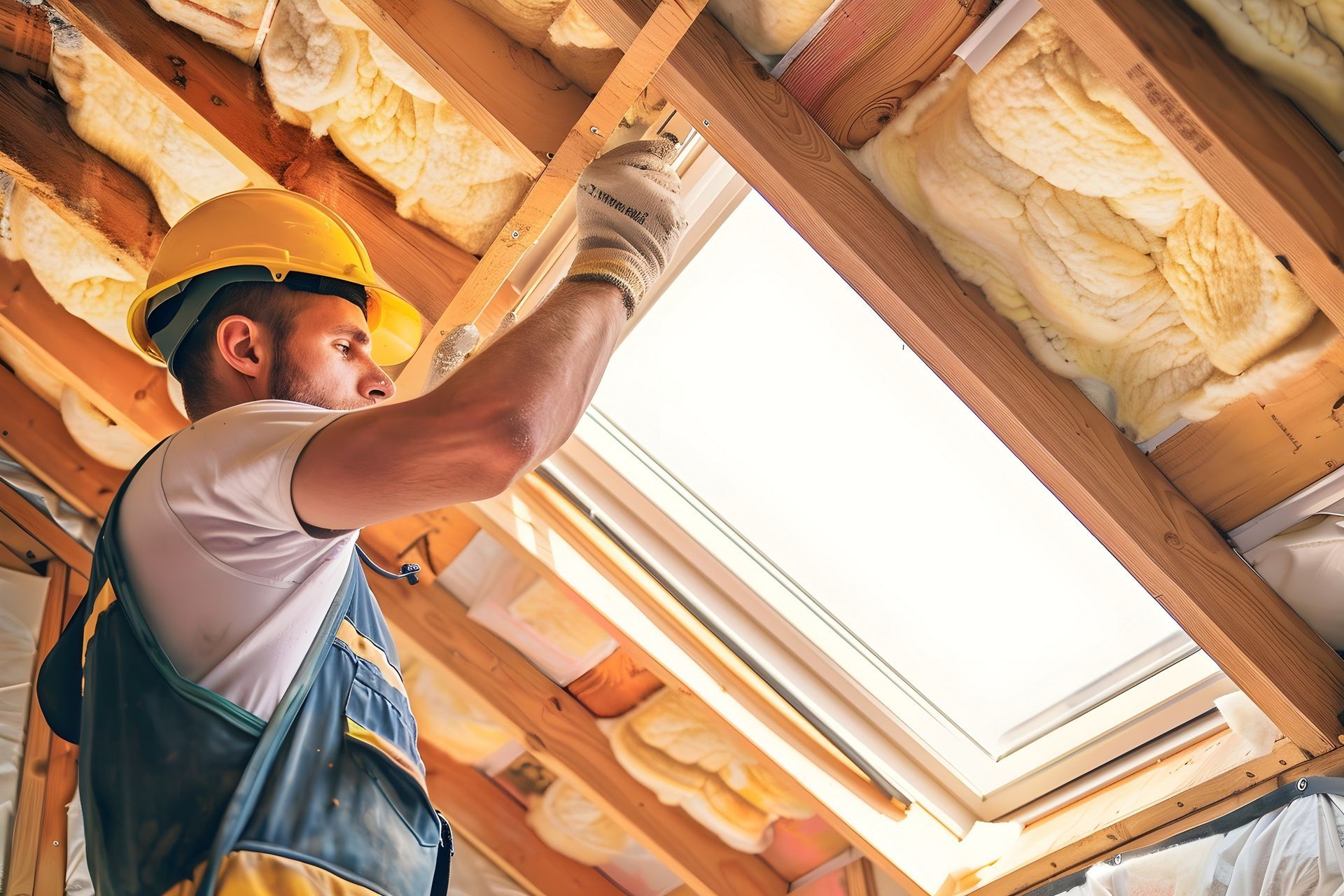 Un ouvrier portant un casque de chantier jaune installe un puits de lumière dans un grenier en bois ; l'isolation est visible.