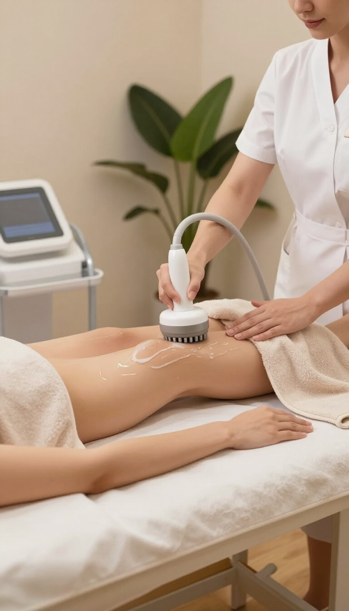 Terapeuta de spa utilizando un dispositivo en la espalda de un cliente durante una sesión de tratamiento.