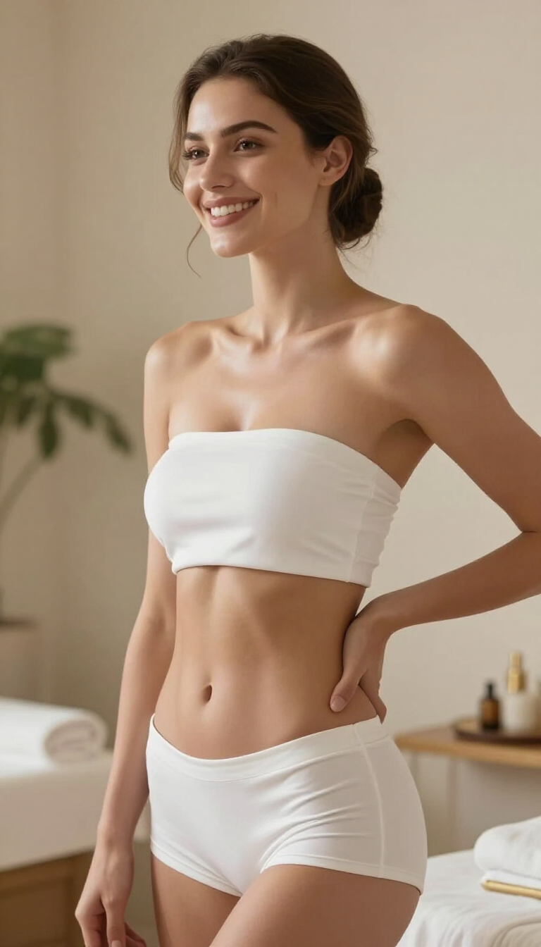 Mujer sonriente con top bandeau blanco y pantalones cortos de pie en un dormitorio con iluminación tenue.