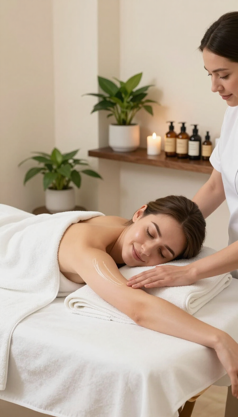 Mujer recibiendo un masaje en una sala de spa con velas y plantas.