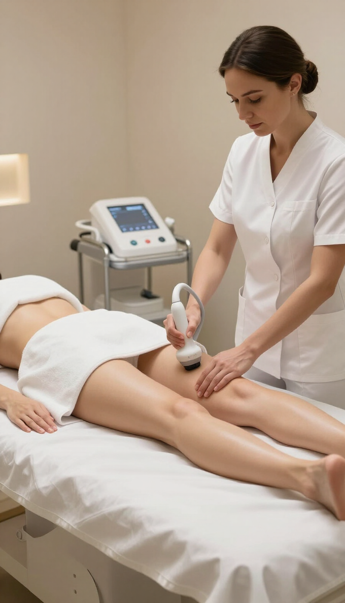 Técnico utilizando un dispositivo portátil en la pierna de un cliente durante un tratamiento de spa.