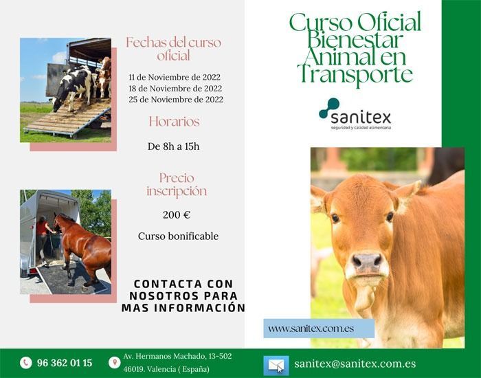 A brochure for a course called bienestar animal en transporte