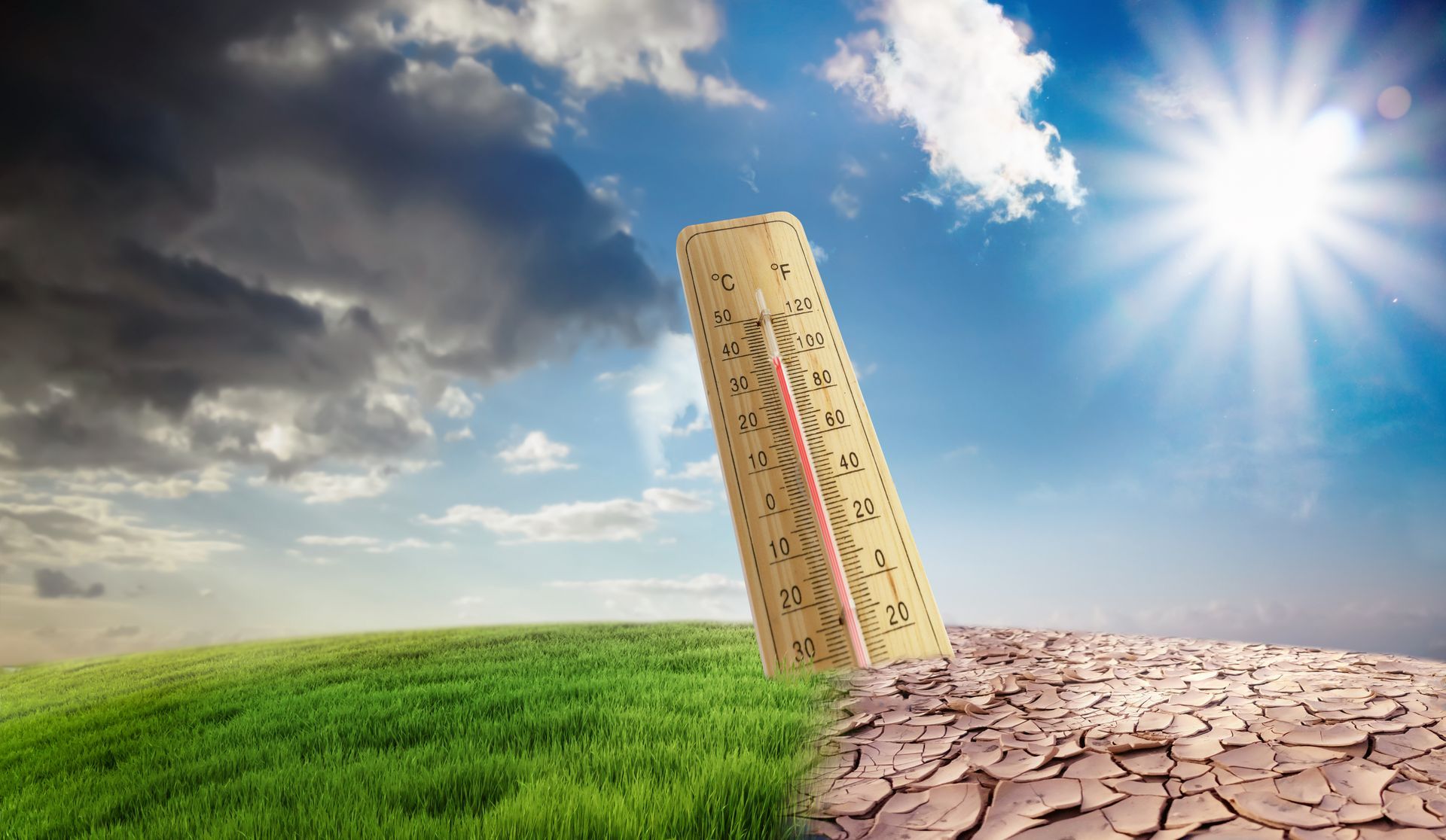 Thermomètre et paysage avec ciel ombragé et ciel ilumineux