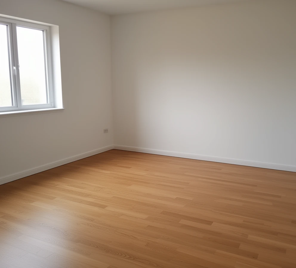 Pièce vide avec parquet clair, murs blancs et une fenêtre à gauche