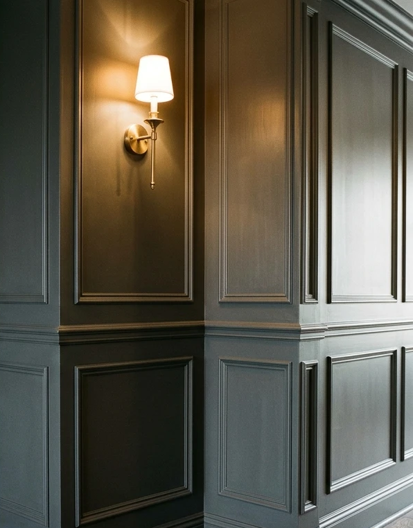 Mur avec des boiseries sombres et une applique murale en laiton allumée dans un couloir tamisé