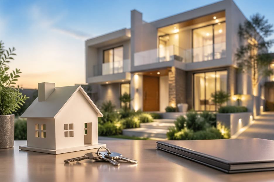 Casa moderna con una casa en miniatura y llaves sobre un escritorio, sugiriendo una inversión inmobiliaria.