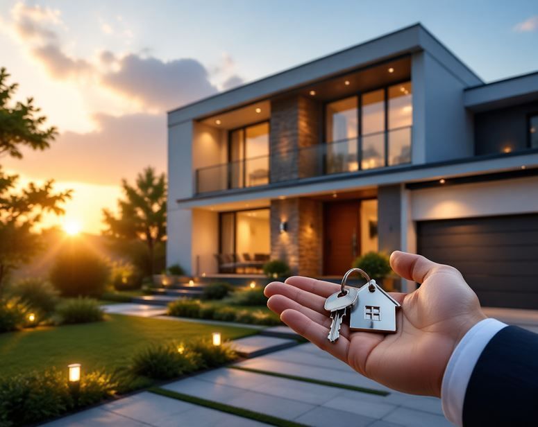 Una mano sosteniendo las llaves de una casa frente a una vivienda moderna al atardecer.