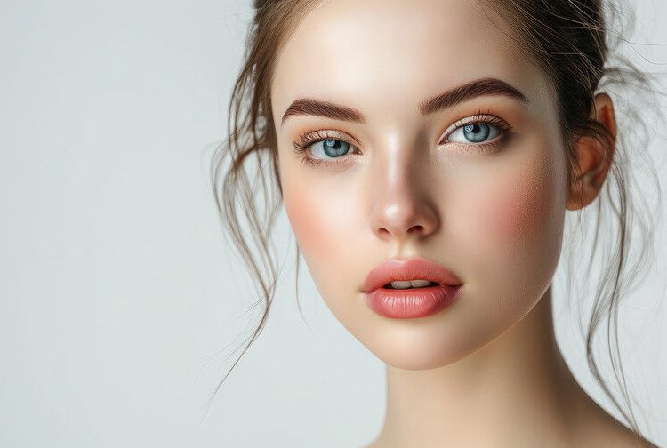 Retrato en primer plano de una persona con ojos azules, maquillaje suave y cabello suelto sobre un fondo gris liso y neutro.