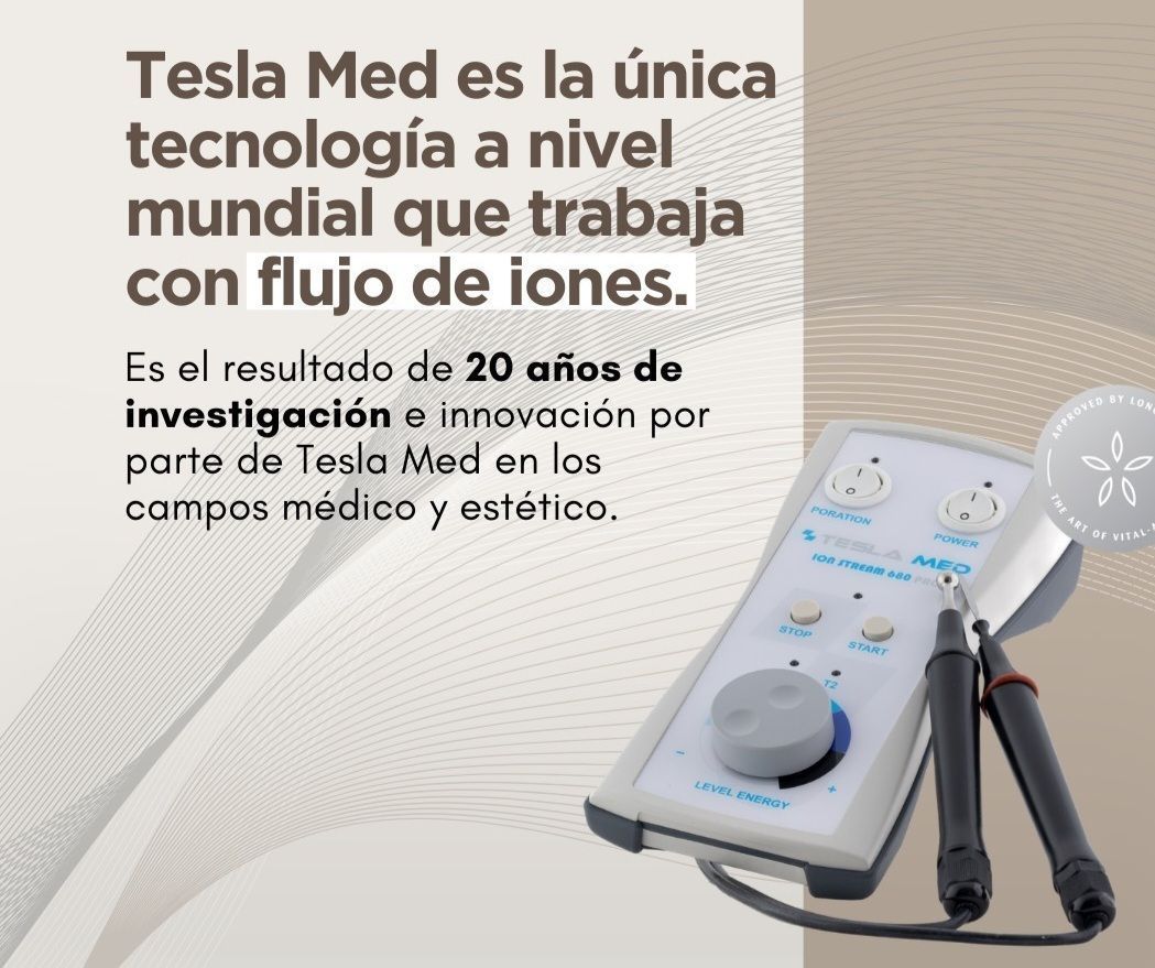 Texto promocional de la tecnología Tesla Med que muestra un dispositivo médico con un panel de control y dos sondas manuales negras.
