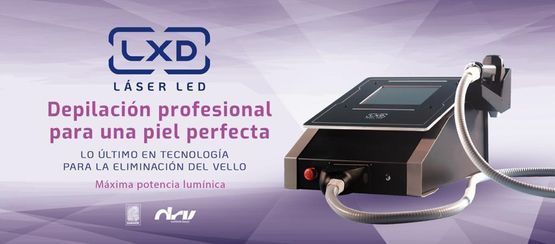Imagen promocional de un dispositivo profesional de depilación láser LED LXD sobre un fondo morado.