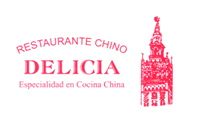 Logotipo del Restaurante Chino Delicia con ilustraci&oacute;n de un edificio rojo sobre fondo blanco. Texto en rojo.