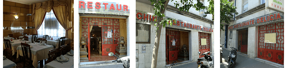 Cuatro fotografías de restaurantes: comedor, entrada con puerta roja, escaparate y otro escaparate.