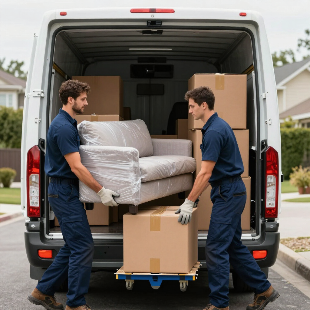 Dos mudanceros cargando un sofá y cajas en un camión de mudanzas blanco.