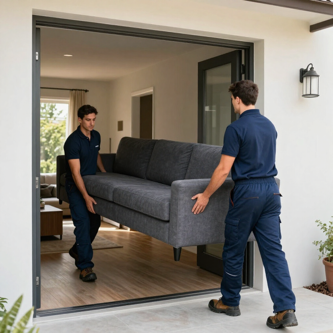 Dos personas de la mudanza llevan un sofá gris por la puerta principal abierta de una vivienda