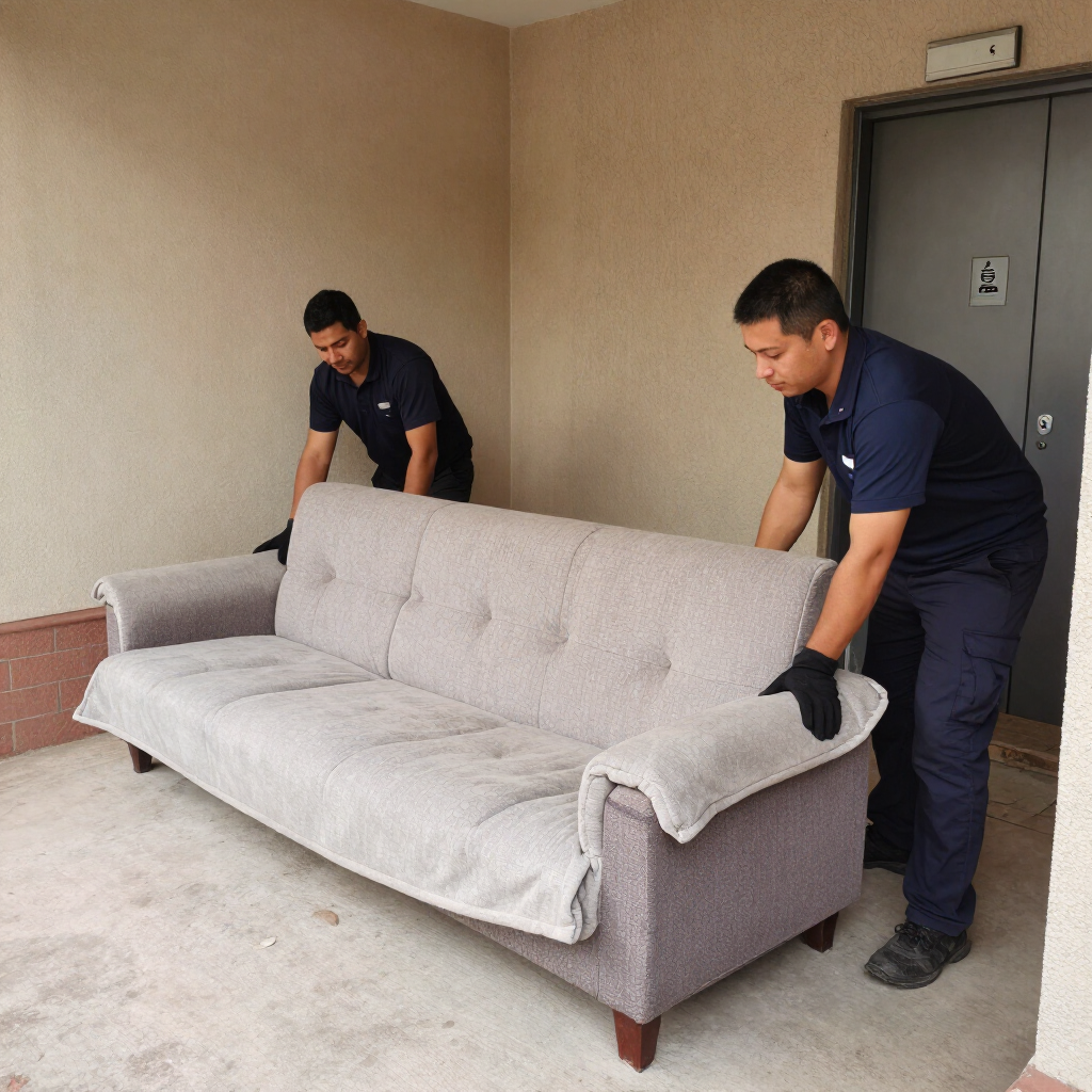 Dos trabajadores metiendo un sofá gris claro en una habitación beige a través de una puerta