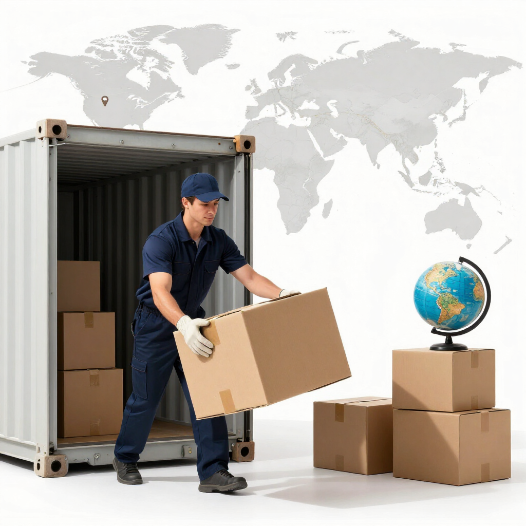 Trabajador descargando cajas de un contenedor de transporte junto a paquetes apilados y un globo terráqueo, con un mapa del mundo de fondo