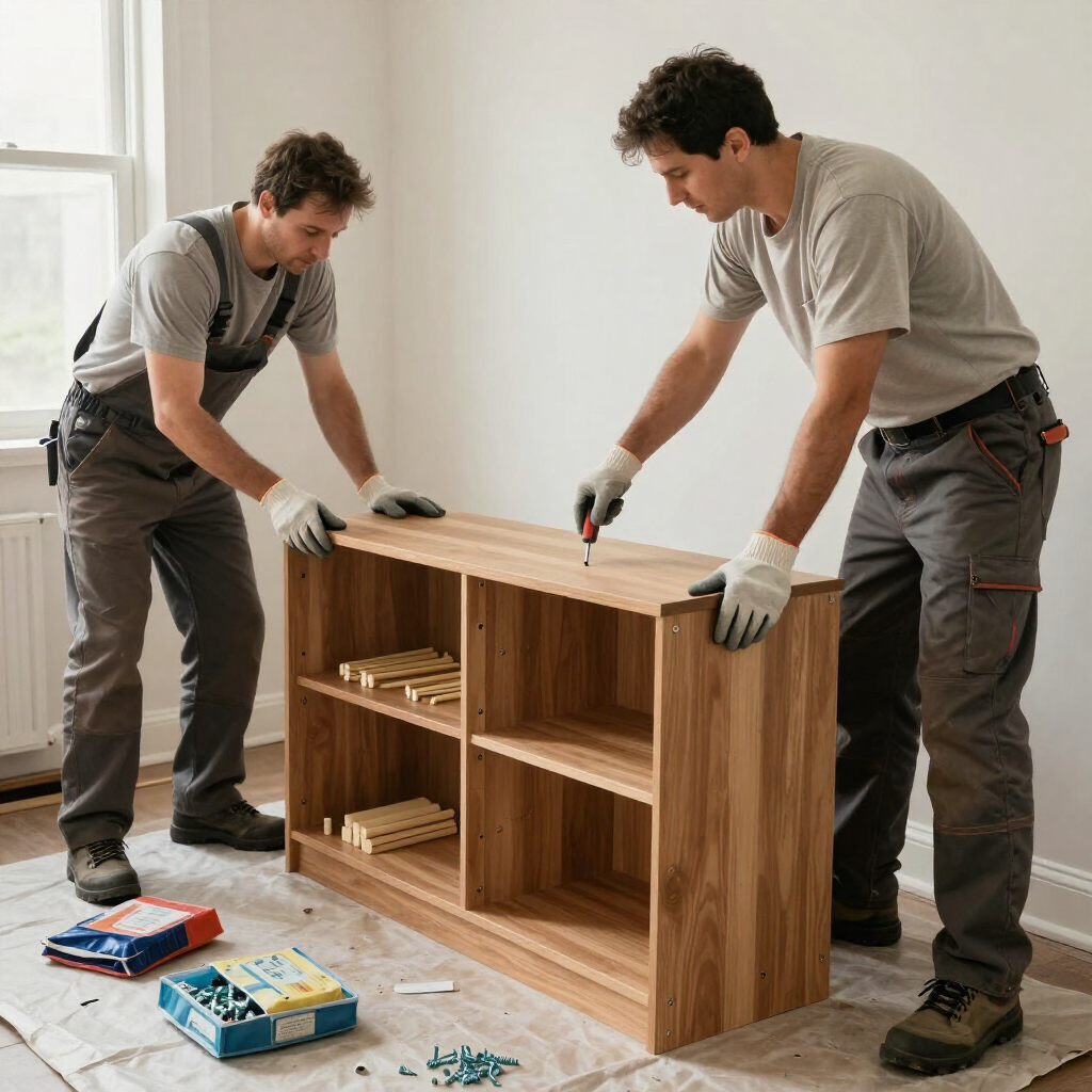 Dos trabajadores montan un armario de madera en una habitación luminosa, con herramientas en el suelo.