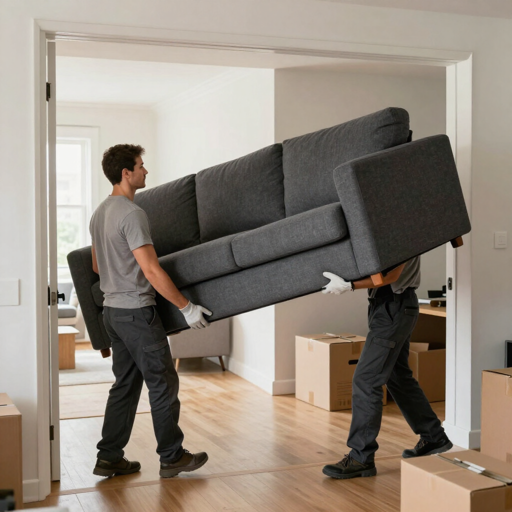 Dos trabajadores de la mudanza llevan un sofá gris por una puerta en una habitación luminosa con cajas de mudanza