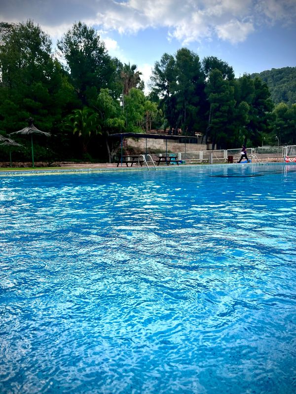 Piscina azul con agua ondulante, árboles y un trampolín al fondo bajo un cielo nublado.