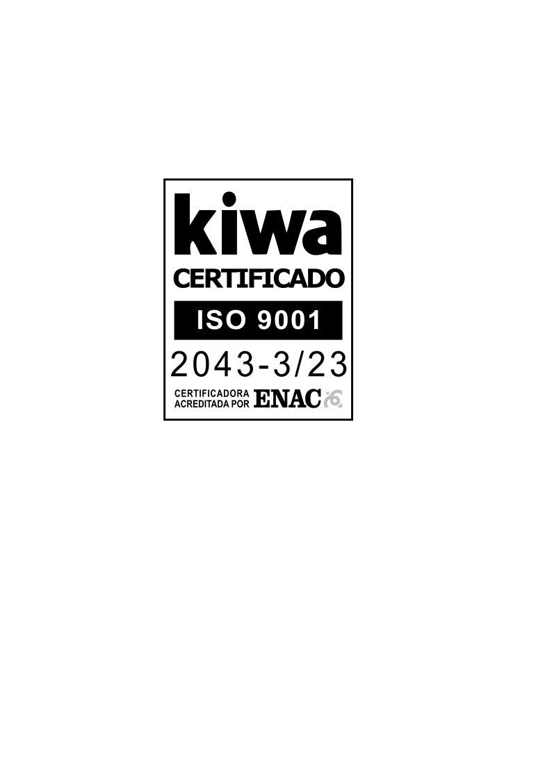 Logotipo de Kiwa certificado ISO 9001 con acreditación ENAC e icono de sello