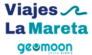 A blue and white logo for viajes la mareta geomoon