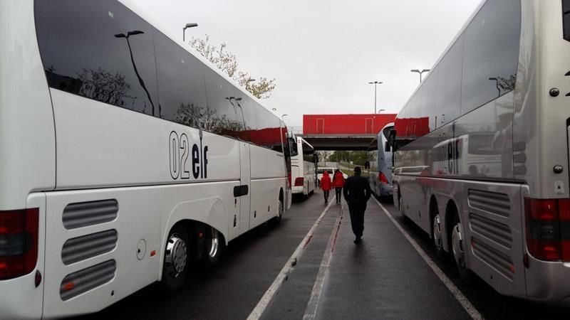 Eine Reihe von Bussen parkt am Straßenrand
