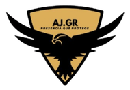 Logotipo de &aacute;guila negra sobre escudo dorado con el texto &ldquo;AJ.GR&rdquo; y &ldquo;PRESENCIA QUE PROTEGE&rdquo;