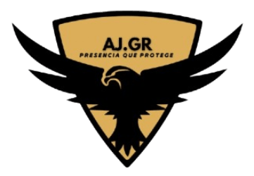 Logotipo de &aacute;guila negra sobre escudo dorado con el texto &ldquo;AJ.GR&rdquo; y &ldquo;PRESENCIA QUE PROTEGE&rdquo;