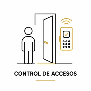 Logo de control de accesos con persona, puerta abierta y teclado de entrada inalámbrico en negro y dorado