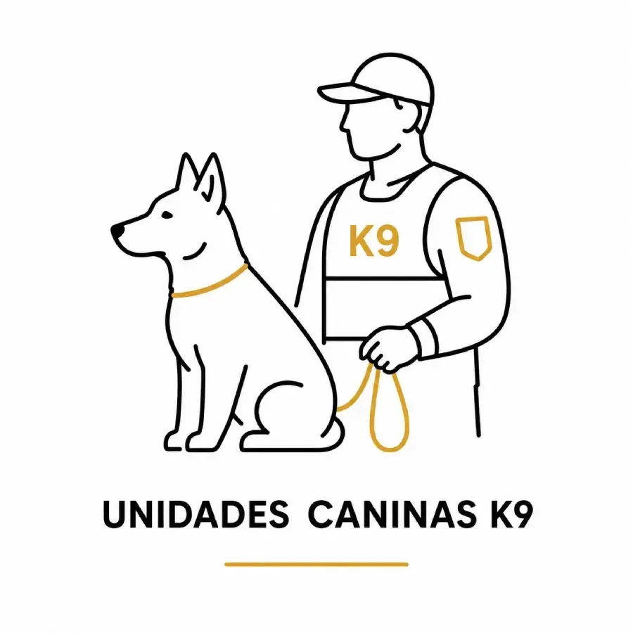 Logo de Unidades Caninas K9 con agente y perro en contorno negro y acentos dorados