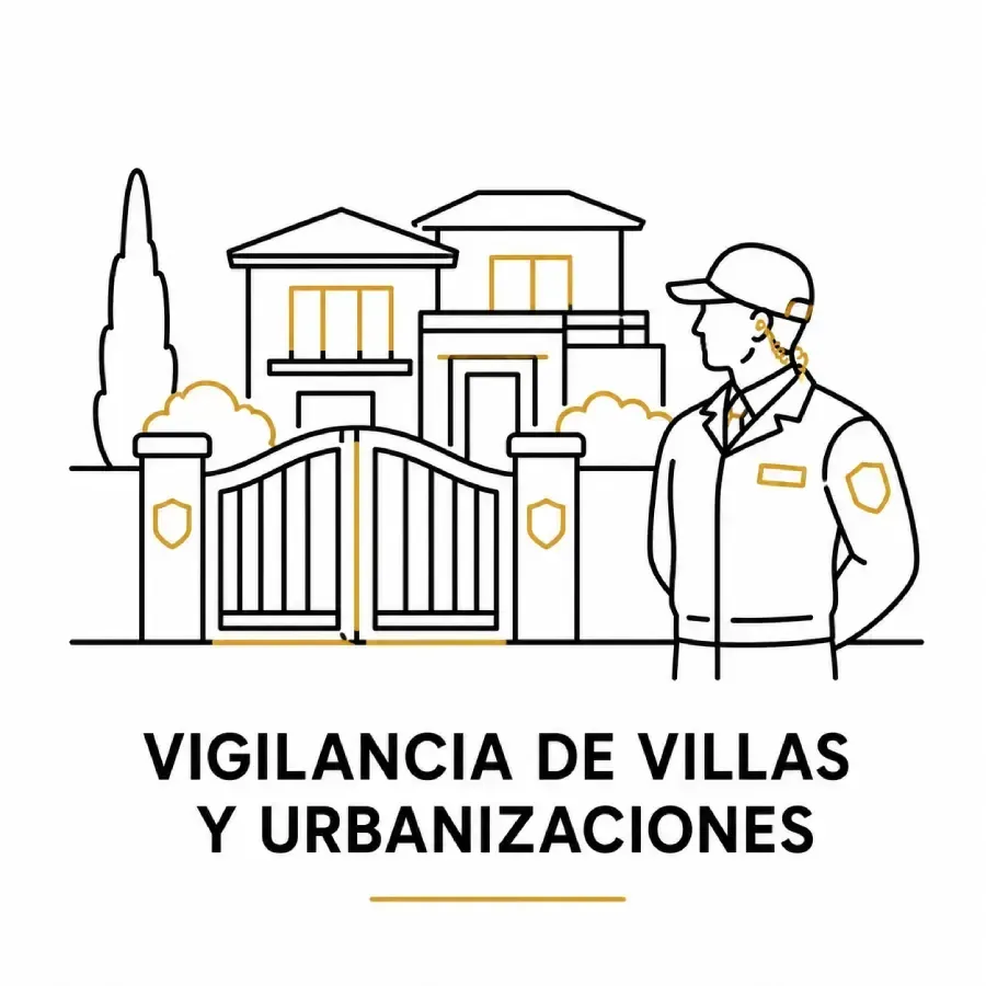 Security guard in front of a gated house with text “Vigilancia de Villas y Urbanizaciones”