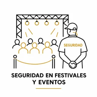 Seguridad en festivales y eventos: guardia y público bajo luces en un escenario lineal.