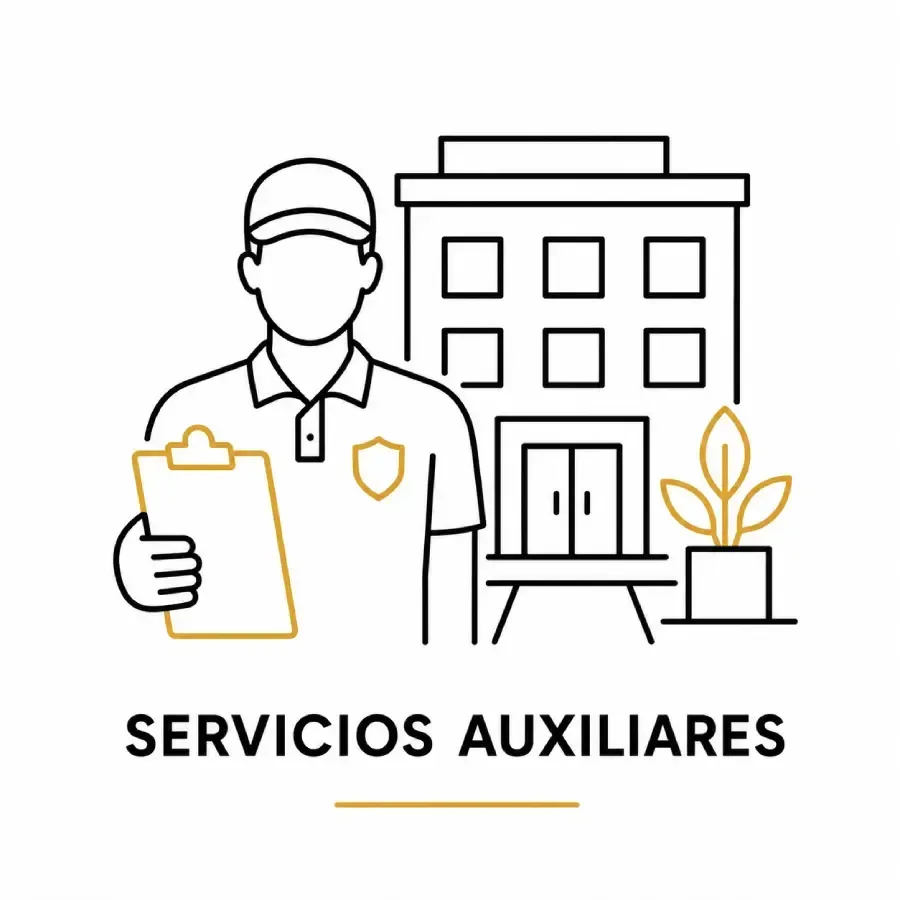 Ilustración de un guardia de seguridad con un portapapeles junto a un edificio con la etiqueta “Servicios Auxiliares”.